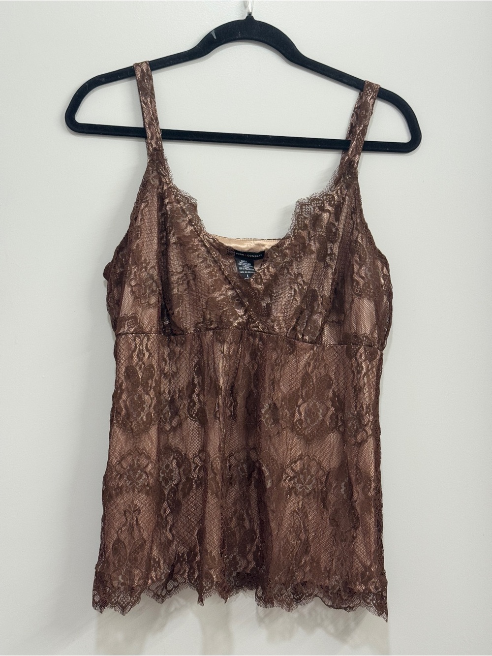 VTG New York & Co Brown Lace Camisole Top Y2K Coquette Babydoll Mesh V-Neck